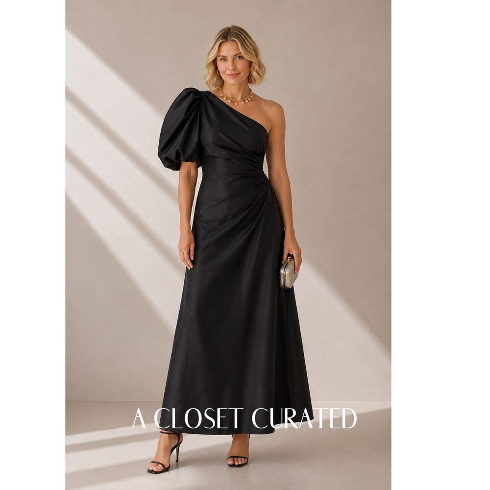 Anthropologie Aureta Studio One-Shoulder Puff-Sleeve Dress Small Black NWT